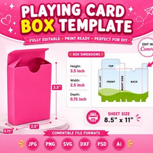 May include: A pink playing card box template with text reading PLAYING CARD BOX TEMPLATE. The box measures 3.5 inches in height, 2.5 inches in width, and 0.75 inches in depth. The template includes a flat layout and indicates a sheet size of 8.5 by 11 inches.