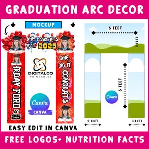 Puede incluir: Maqueta de un diseño de decoración de arco de graduación. El diseño incluye pancartas rojas con texto, imágenes de graduados y el logotipo de Canva. Las dimensiones son 183 cm de ancho y 91 cm de alto.