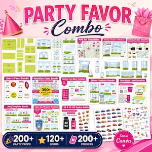 Party favor Combo Pack, Template Bundle, Party Favor Templates, Mug Wrap, Party Favors, Gable Box, Chip Bag, Capri Sun, Party Favor Mockups