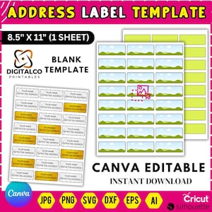 Può includere: Modello di etichette per indirizzi con design vuoto. Il modello misura 21,6 cm x 27,9 cm e include più etichette rettangolari con spazio per nomi e indirizzi. Design modificabile su Canva, download immediato.