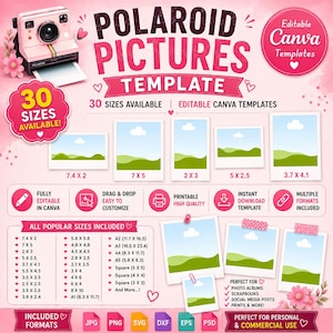Op de afbeelding: Een digitale afbeelding met Polaroid-fototemplates, de tekst POLAROID PICTURES TEMPLATE, 30 SIZES AVAILABLE en bewerkbare Canva-sjablonen. Het bevat een roze camera, diverse fotolijstformaten en een overzicht van de bestandsformaten.