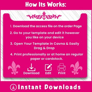 Puede incluir: Un gr&aacute;fico rosa brillante con el texto "How Its Works:" y pasos numerados para descargar, editar e imprimir. Incluye iconos para descargar, editar e imprimir, y las palabras "Instant Downloads".