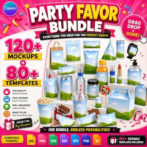 May include: A digital party favor bundle mockup set featuring 120 mockups and 80 templates. The display includes various items like paper bags, snack pouches, bottles, a party hat, and boxes, all decorated with a blue sky and green hill pattern.