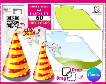Party Cone Hat Template: Party Hat Template, Birthday Hat Template , Custom Party Hat Template, Party Hat Template Svg, Canva Drag and drop
