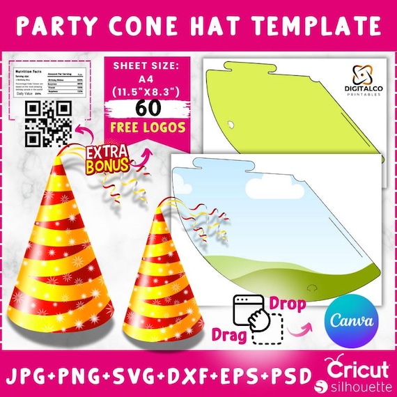 Party Cone Hat Template: Party Hat Template, Birthday Hat Template , Custom Party Hat Template, Party Hat Template Svg, Canva Drag and drop