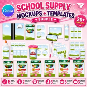 Op de afbeelding: Een digitaal pakket met schoolbenodigdheden-mockups en sjablonen met diverse kantoorartikelen zoals lijmflesjes, kleurpotlooddoosjes en lunchtrommels met een groen landschapsontwerp. De tekst luidt School Supply Mockups + Templates Bundle.