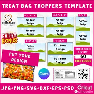 Lot de modèles de décoration de sac de friandises, modèle d'étiquette de décoration de sac de friandises, modèle de bonbonnière, autocollants de sac de friandises, toile modifiable par glisser-déposer