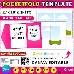 Może przedstawiać: Różowy szablon kieszonkowy z tekstem "POCKETFOLD TEMPLATE" i "11" x 8.5" (1 SHEET)". Zawiera szablony zaproszeń i kart RSVP z wymiarami. Zawiera tekst "60+ FREE LOGOS" i "CANVA EDITABLE".