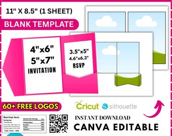 Pocketfold Wedding Invitation Templates, 2x Pocketfold Invitation Template, Wedding Invitation Envelope Template, Editable Canva Drag & drop