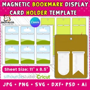 May include: A digital template for a magnetic bookmark display and card holder. The design includes bookmark templates with landscape and cloud graphics, and card holder templates. The sheet size is 11" x 8.5". The image also includes the text "MAGNETIC BOOKMARK DISPLAY CARD HOLDER TEMPLATE".