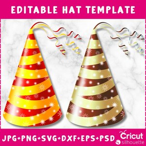 May include: Two party hats with a red and yellow striped pattern and a brown and yellow striped pattern. Both hats have white stars on them.