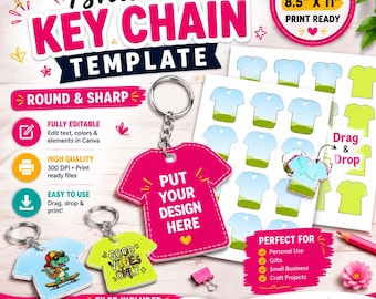 T-Shirt Keychain Template, Custom Keychain, Keychain Sublimation Design, Keychain Template Svg, Keychain Label, Keychain Tag Canva drag&drop