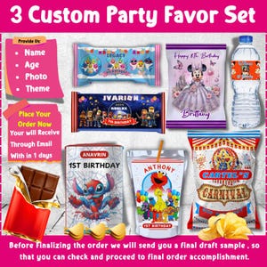Party favors Custom Bundle, 3 Party Favor Bundle, Party Pack, Custom Birthday Label Template, Chip bag, Water bottle, Capri-sun, Party Favor