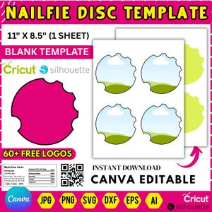 May include: A pink and white template for nail art, labeled "NAILFIE DISC TEMPLATE". The template is 11 x 8.5 inches and includes a blank template and four disc designs with a sky and grass scene. The image also includes the text "CANVA EDITABLE".