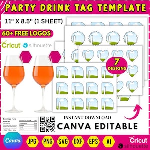 May include: A party drink tag template with the text "PARTY DRINK TAG TEMPLATE" and "11" X 8.5" (1 SHEET)". The image includes drink tags with various designs, two wine glasses filled with orange liquid, and the text "60+ FREE LOGOS".