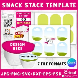 May include: A digital download template for creating snack stack labels. The template includes 60 free logos, 7 file formats, and a sheet size of 8.5 inches by 11 inches. The design features a green and blue landscape with a white cloud.