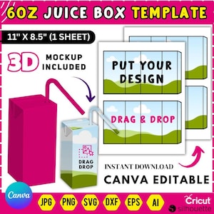 May include: A template for a 6oz juice box, with a pink and white design. The template includes a 3D mockup and is 11" x 8.5" (27.94 cm x 21.59 cm). The design is Canva editable and available for instant download.