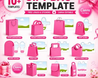 Gift Bag Template Bundle, Editable Canva Gift Bag, Paper Gift Bag Template, Printable Box Packaging Design, Luxury Handbag, Loot Bag, DIY
