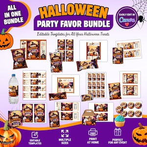 Halloween Party Favor Bundle, Happy Halloween Party Favor, Chip Bag, Water Bottle, Capri Sun Labels, Rice Krispies, Editable Canva Templates