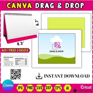 Puede incluir: Un calendario de escritorio rosa y blanco, de 21,08 cm de ancho y 17,02 cm de alto, con el texto "CANVA DRAG & DROP" en la parte superior. La imagen tambi&eacute;n incluye un gr&aacute;fico con las palabras "DRAG & DROP" y "60+ FREE LOGOS".