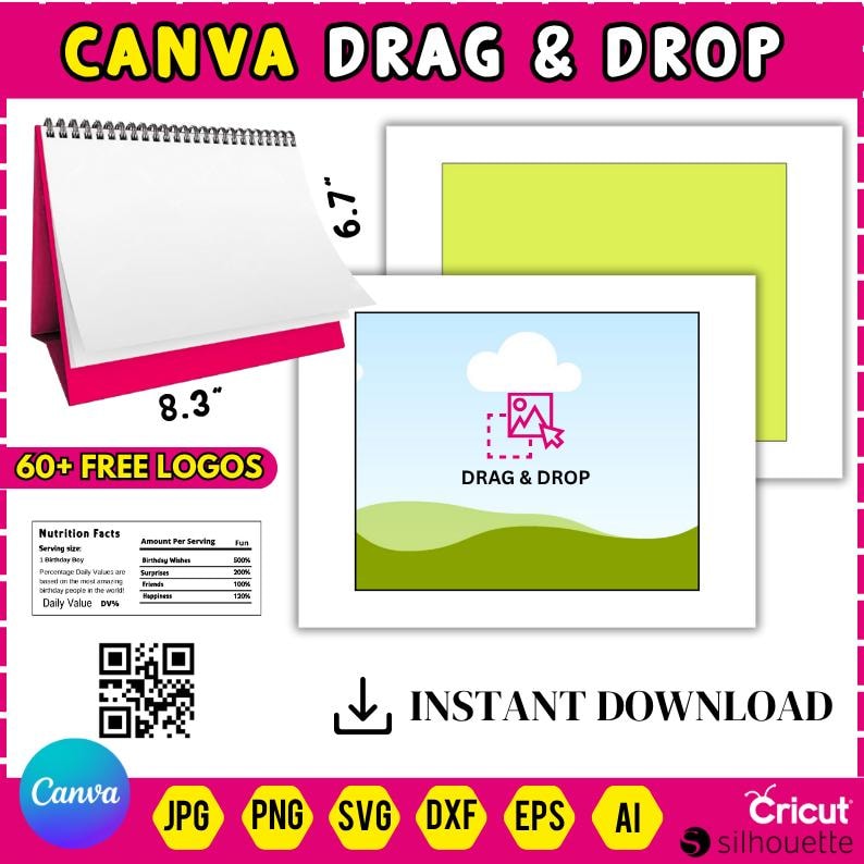 Puede incluir: Un calendario de escritorio rosa y blanco, de 21,08 cm de ancho y 17,02 cm de alto, con el texto "CANVA DRAG & DROP" en la parte superior. La imagen tambi&eacute;n incluye un gr&aacute;fico con las palabras "DRAG & DROP" y "60+ FREE LOGOS".