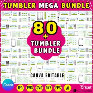Puede incluir: Gráfico promocional para un mega paquete de vasos. Fondo rosa con el texto "TUMBLER MEGA BUNDLE". Un gran elemento rosa muestra "80 + TUMBLER BUNDLE". La imagen presenta varias plantillas de vasos, incluyendo tarros, tazas y botellas.