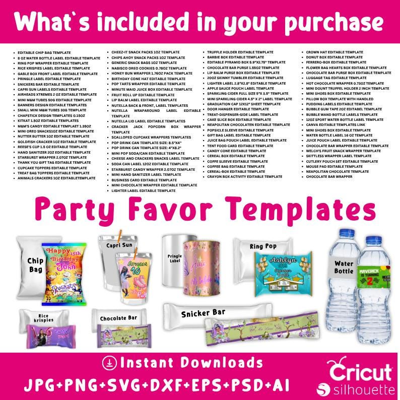 Party Favor Mockup, Chocolate Bar, Water Bottle Label, Juice Pouch, Chip Bag Template, Canva Frame Mockup, Candy Bar
Every template is fully Canva Editable, allowing for simple drag-and-drop customization. Quickly change colors, insert photos, and add personalized text to match your party's theme. Save time and create high-quality, professional favors instantly!