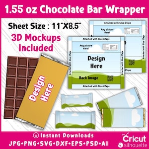 Könnte beinhalten: Eine digitale Vorlage für eine 1,55 oz Schokoladenriegelverpackung. Die Vorlage enthält einen Designbereich, einen Bereich für das Rückseitenbild und Anweisungen zum Befestigen der Verpackung mit Klebstoff und Klebeband. Die Vorlage ist für die Verwendung mit Cricut Silhouette Schneidemaschinen konzipiert.