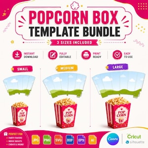 May include: A digital popcorn box template bundle featuring three sizes: small, medium, and large. The graphic displays flat, unfolded box patterns with a blue sky and green grass design, alongside three assembled red and white striped popcorn boxes.