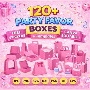 Puede incluir: Cajas rosas para regalos de fiesta de diversas formas y tamaños. La imagen incluye el texto "120+ PARTY FAVOR BOXES + Templates" y "CANVA EDITABLE". Iconos de archivos: JPG, PNG, SVG, DXF, PSD, AI, EPS.
