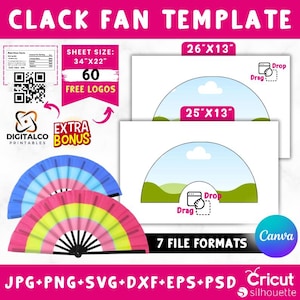 Może przedstawiać: Szablon do pobrania cyfrowego dla wachlarza z klapką, typu wachlarza składanego. Szablon jest dostępny w 7 formatach plików: JPG, PNG, SVG, DXF, EPS i PSD. Szablon ma wymiary 86 cm x 56 cm i zawiera 60 bezpłatnych logo. Szablon przedstawia wachlarz z klapką w kolorach tęczy i dwa wzory dla wachlarza, jeden z chmurą, a drugi z krajobrazem.