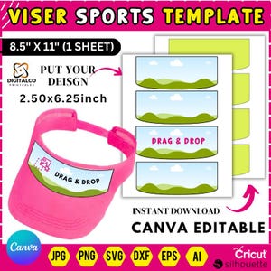 May include: A pink visor with a white rectangle that says "DRAG & DROP" and a graphic. The image also shows a template with four landscape images and the text "CANVA EDITABLE". The template is 21.6 cm x 27.9 cm (1 sheet).