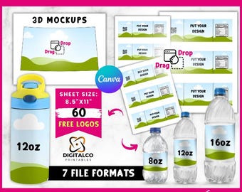 8, 12 en 16 oz fles waterfles blanco sjabloon, sticker canva waterfles, feestartikelen, bewerkbaar blanco label voor feestartikelen DIY-evenementen