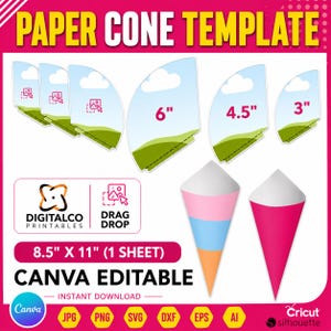 Puede incluir: Un conjunto de plantillas digitales para conos de papel con tamaños de 3, 4.5 y 6 pulgadas. El diseño incluye formatos editables para hojas de 8.5 por 11 pulgadas, función de arrastrar y soltar, y dos ejemplos de conos ensamblados en rosa, azul y naranja.