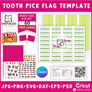 May include: A digital download template for creating tooth pick flags. The template includes 60 flag designs, a sheet size of 8.5 inches by 11 inches, and free logos. The image shows a variety of flag designs, including a blue sky with green grass, a red flag with a white star, and a yellow flag with a black star. The image also includes a QR code and the text "Drop" and "Drag".
