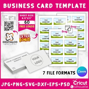 May include: A business card template with the text "BUSINESS CARD TEMPLATE" in pink. The image includes business card mockups, a sheet size of 8.5"x11", and the text "60 FREE LOGOS". The image also includes the text "7 FILE FORMATS".