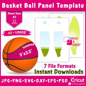 Könnte beinhalten: Eine digital herunterladbare Vorlage für ein Basketball-Panel mit einer Basketballgrafik, dem Text "Vorlage 9"x2.5"" und den Worten "Drag & Drop". Die Vorlage ist in 7 Dateiformaten verfügbar: JPG, PNG, SVG, DXF, EPS, PSD und Cricut.