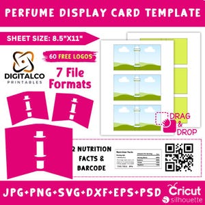 Parfum-displaykaartsjabloon, Canva-sjabloon voor parfumdisplaykaart, label parfumvoorbeeldkaart, parfumdoos, parfumkaart, slepen en neerzetten op canvas
