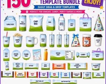 150+ Party Favor Templates , Template Bundle, Party Favors, Chip Bag Template , Capri Sun Labels, Chocolate Bar Wrapper, Party Favor Mockups