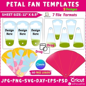May include: A digital download of printable petal fan templates. The image shows two designs, one with a cloud and grass and the other with a floral pattern. The sheet size is 11 inches by 8.5 inches. The file formats included are JPG, PNG, SVG, DXF, EPS, and PSD. The image also includes the text "60 FREE LOGOS".