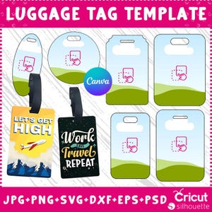 May include: A collection of luggage tag templates in various shapes, including oval, round, and rectangular designs. The tags feature a sky and landscape graphic, with a Canva logo and the text "Let's Get High" and "Work Save Travel Repeat".