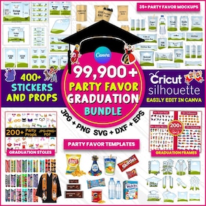 Puede incluir: Un paquete digital para recuerdos de fiesta de graduación, con pegatinas, accesorios, plantillas y maquetas. Incluye una variedad de artículos como estolas de graduación, marcos y maquetas de aperitivos. Fácilmente editable en Canva.