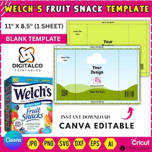 Puede incluir: Una plantilla para Welch's Fruit Snacks, de 27,9 cm x 21,6 cm, con un diseño en blanco para personalizar. La imagen incluye una caja de Welch's Fruit Snacks y un diseño editable en Canva. La plantilla está disponible para descarga instantánea.