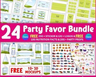 Party Favor Mockup Bundle, Canva bearbeitbare Party Favor Vorlagen, Chip Tasche, Wasserflasche, Schokoriegel, Saftbeutel, Canva Ziehen und ablegen