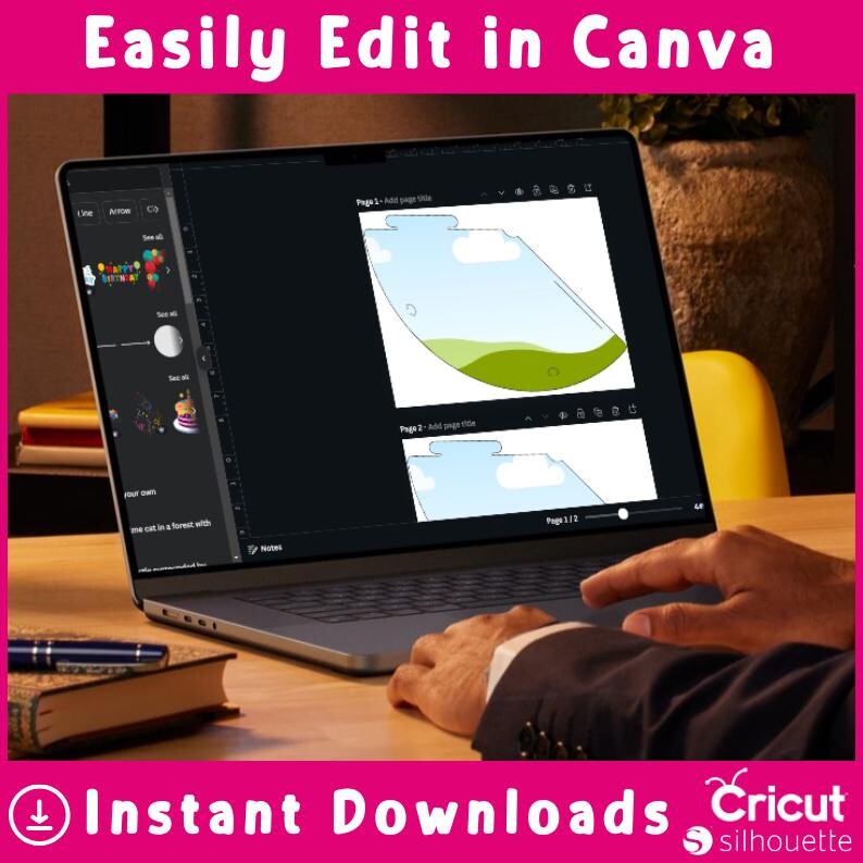 May include: A laptop computer displaying a design program with a birthday party hat design. The text "Easily Edit in Canva" is displayed at the top of the image. The text "Instant Downloads" is displayed at the bottom of the image.