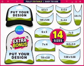 14x Trucker Hat Template Bundle, Ultimate Trucker Hat Templates, Hat Brim Template, Trucker Hat Label, Cap Designs, Canva drag and drop, DIY