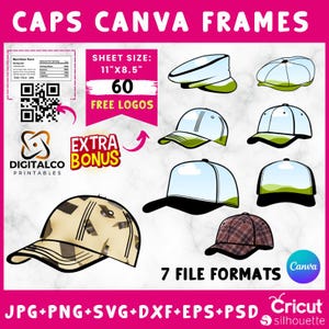 Puede incluir: Un conjunto de 60 marcos de gorras de béisbol en 7 formatos de archivo, incluidos JPG, PNG, SVG, DXF, EPS y PSD. Los marcos están diseñados para usar con el software Canva y Cricut silhouette. Los marcos miden 28 cm por 21,5 cm y presentan una variedad de diseños, que incluyen diseños lisos, estampados y con texto.