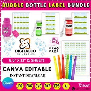May include: A digital bundle of bubble bottle labels with the text "BUBBLE BOTTLE LABEL BUNDLE". The image includes bubble bottles, bubble wands, and label sheets. The bundle is Canva editable and an instant download.