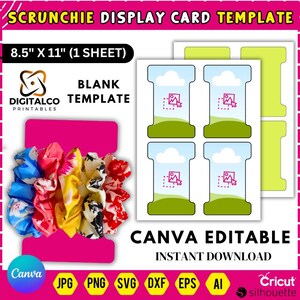 Könnte beinhalten: Eine Scrunchie-Display-Kartenvorlage mit dem Text "SCRUNCHIE DISPLAY CARD TEMPLATE" und "8.5" X 11" (1 SHEET)". Die Vorlage enthält ein leeres Design mit dem Text "BLANK TEMPLATE" und "CANVA EDITABLE INSTANT DOWNLOAD". Das Bild zeigt auch eine Vielzahl bunter Scrunchies.