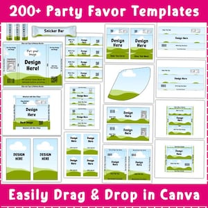 May include: A set of printable party favour designs featuring various characters and themes, including Roblox, Sesame Street, Stitch, and a carnival. The designs are ready to be printed and cut out for use as party favours.
Party Favor Mockup Bundle, Canva Editable Party Favor Mockup Bundle, Chocolate Bar Juice Pouch, Chip bag, DIY Water Bottle Mockup